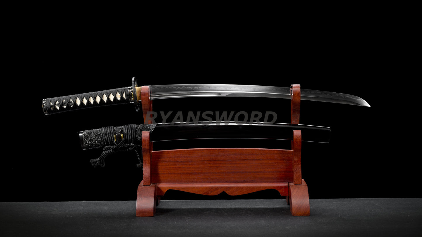 Clay Tempered Wakizashi 1095 Carbon Steel Blade Rayskin Saya full tang sharp
