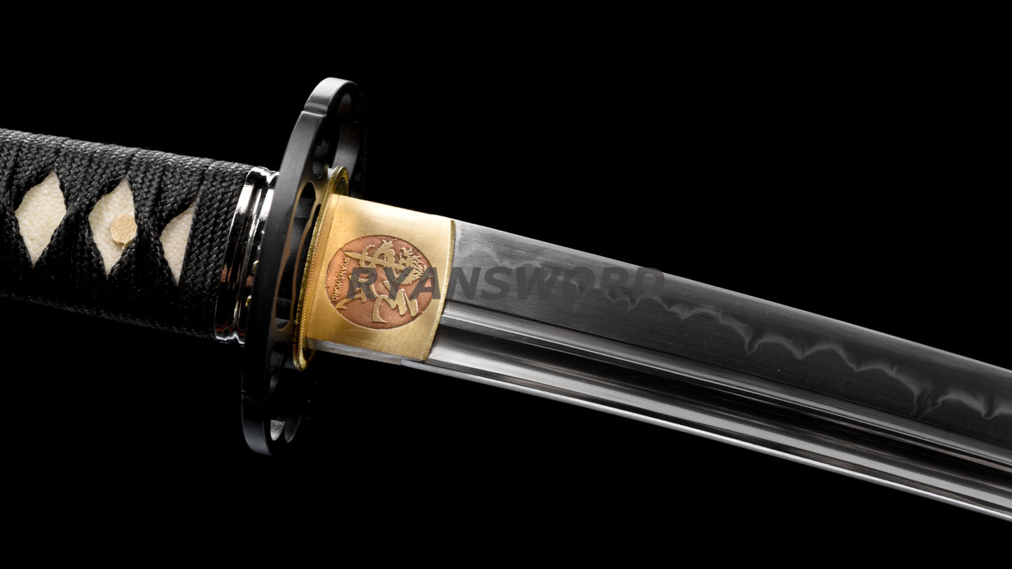 Clay Tempered Wakizashi 1095 Carbon Steel Blade Rayskin Saya full tang sharp