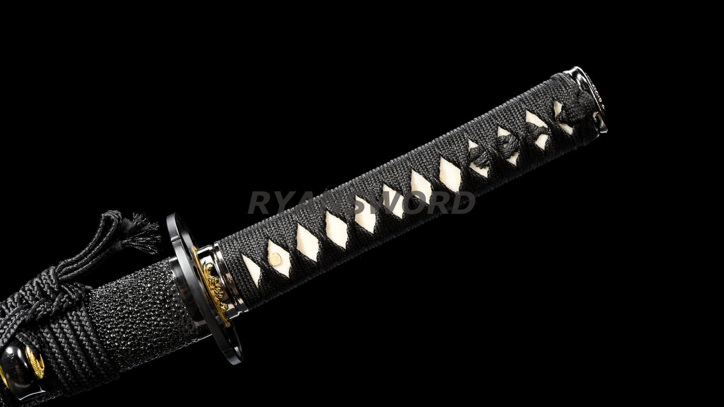 Clay Tempered Wakizashi 1095 Carbon Steel Blade Rayskin Saya full tang sharp