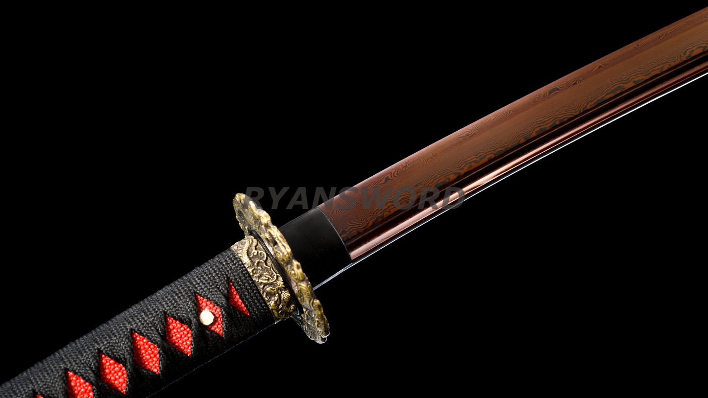 53"Folded Steel Nodachi Japanese Long Sword Reddish Black Blade