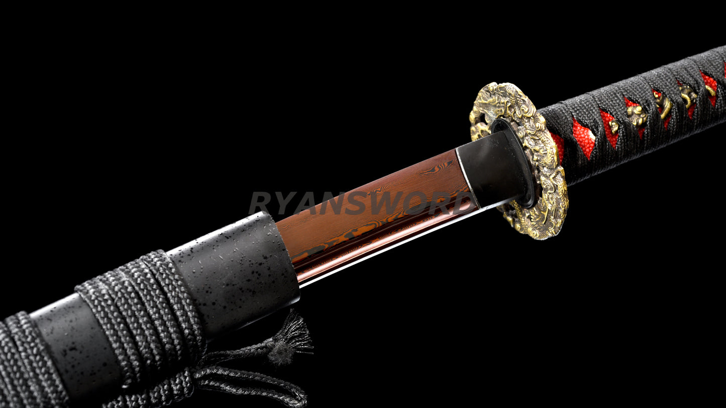 53"Folded Steel Nodachi Japanese Long Sword Reddish Black Blade