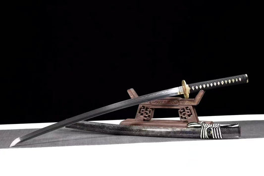 The complete Tsuru no Same-Koshirae Katana, sheathed in its luxurious full-wrap black rayskin (Same-Koshirae) saya.