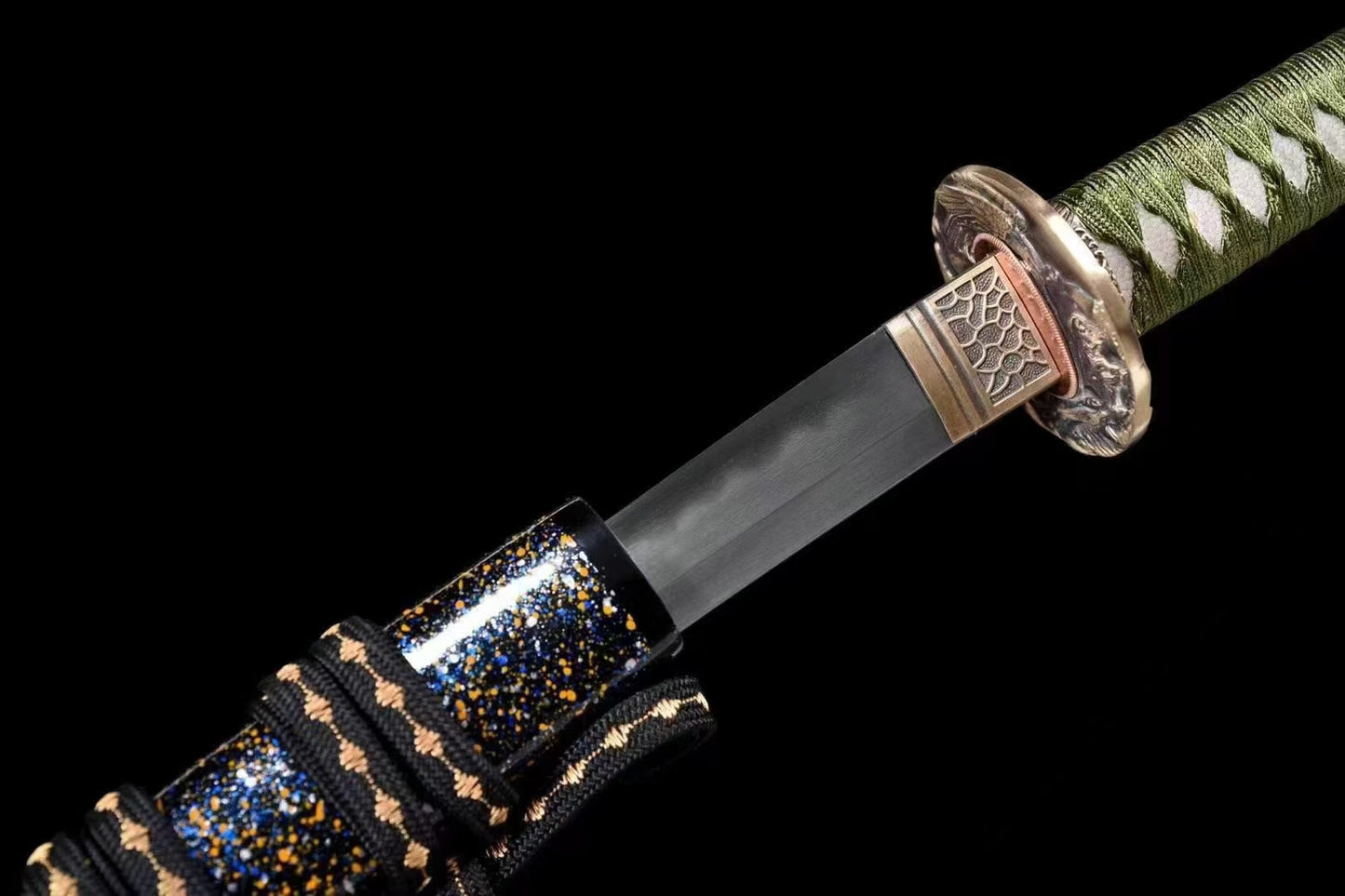 A detailed view of the hardwood saya, showcasing the deep blue and gold flake "Starry Sky" lacquer finish.