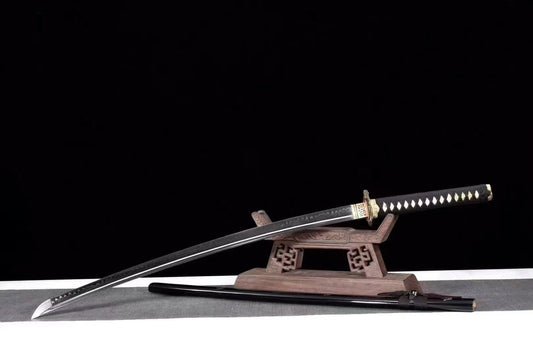 The Ryūjin's Hoard Katana unsheathed on a display stand, presented from a side angle, showcasing the blade and fittings.
