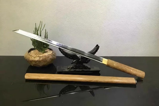 The Rosewood Ninja Sword, featuring a T10 steel straight blade and matching Huali wood shirasaya, displayed.