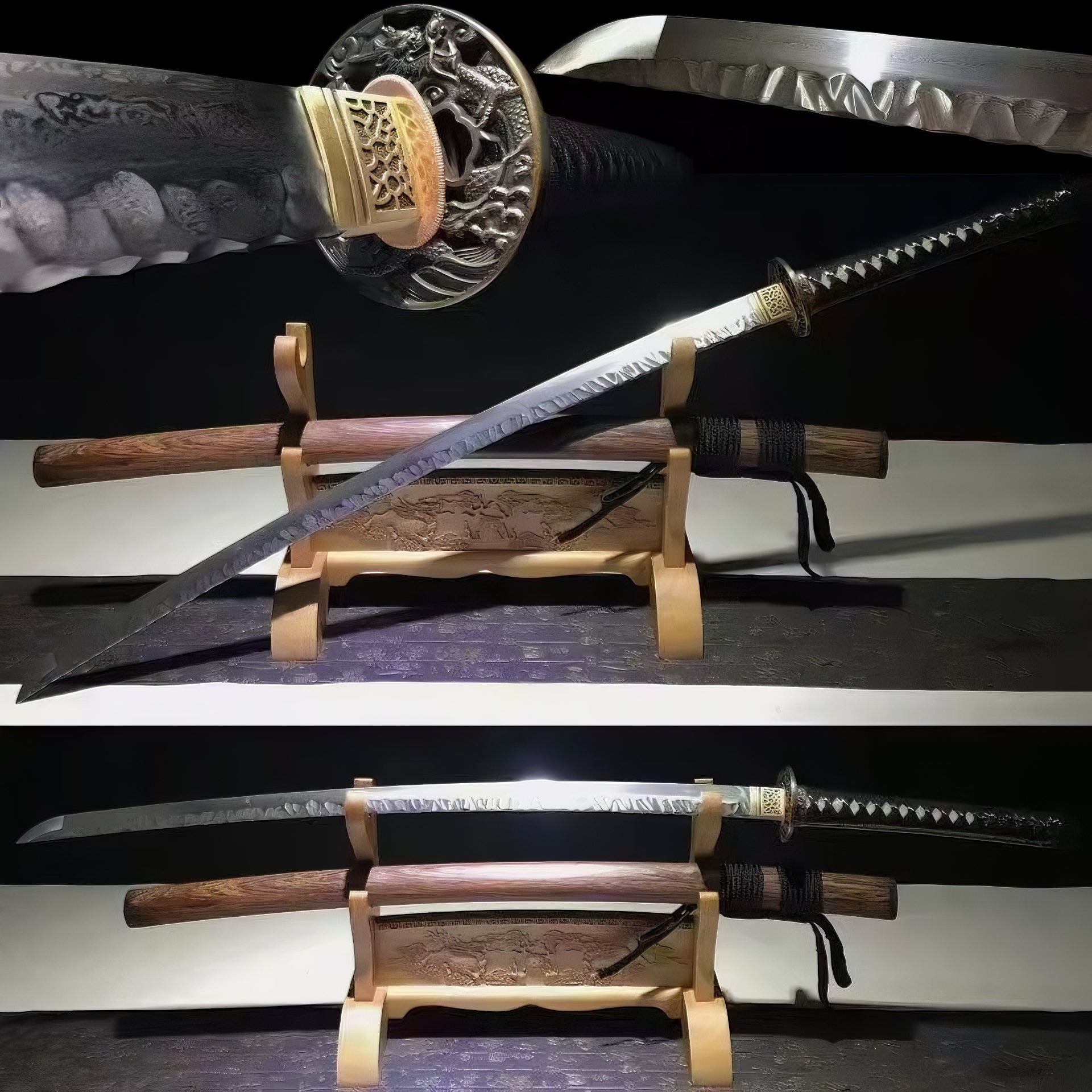 A composite image of the Ryū Tsuchime Katana, detailing the folded 1060 steel blade with its unique hammered (Tsuchime) spine, the iron dragon tsuba, and the full sword on its stand.