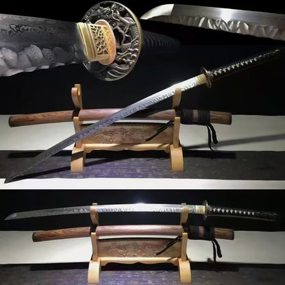 A composite image of the Ryū Tsuchime Katana, detailing the folded 1060 steel blade with its unique hammered (Tsuchime) spine, the iron dragon tsuba, and the full sword on its stand.