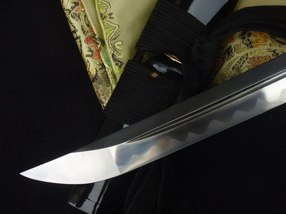 A sharp close-up of the chu-kissaki tip of The Sage's Journey's through-hardened 1095 steel blade.