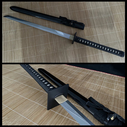 A multi-angle composite view of the Obsidian Gale Ninja Sword, showcasing different aspects of the blade and fittings.