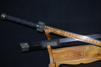 Chinese Sword Han Jian Handmade Red Damascus Folded Steel Blade Full Tang Sharp Collection