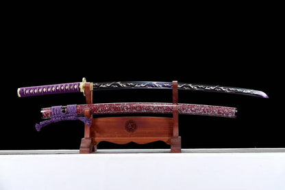 Authentic japanese samurai katana sword full tang T10 steel purple blade