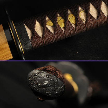 A composite image showing the dark brown ito wrap, golden feather menuki, and the iron Birds & Reeds theme kashira.