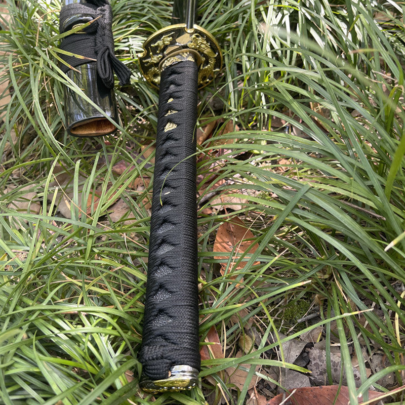 Through-Hardened Blackened Folded 1095 Steel Katana with Golden