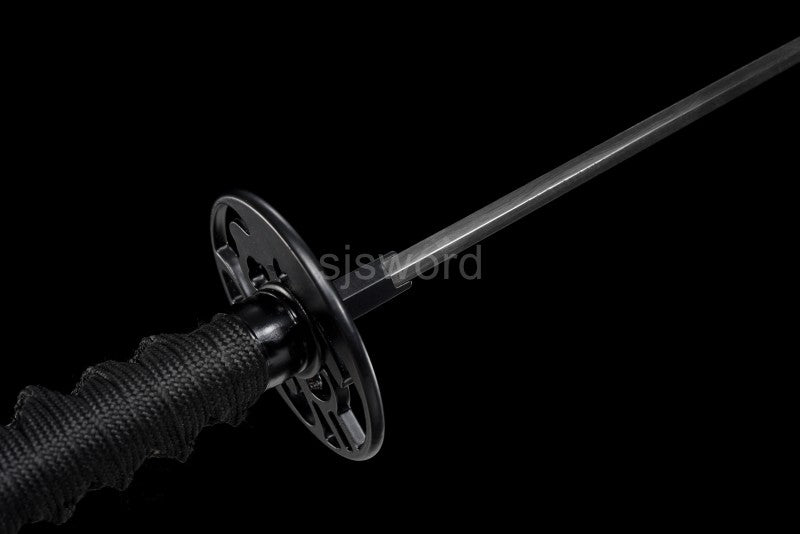 A full-length view of the unsheathed Shadow Bloom Katana, showcasing the entire blackened folded steel blade.