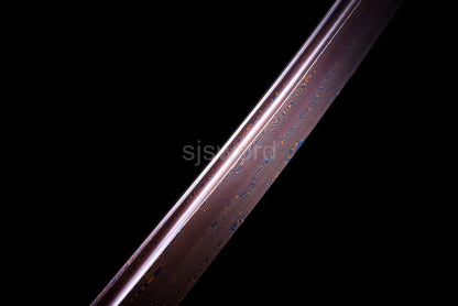 Aurora Bloom Katana – Minimalist Damascus Blade with Red-Blue Folded Pattern