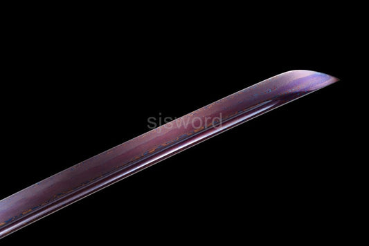 Aurora Bloom Katana – Minimalist Damascus Blade with Red-Blue Folded Pattern