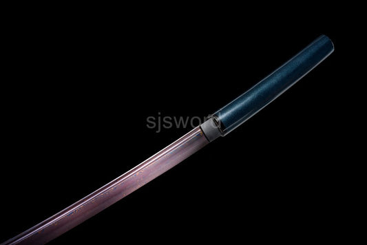 Aurora Bloom Katana – Minimalist Damascus Blade with Red-Blue Folded Pattern