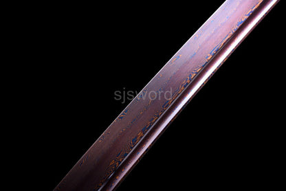 Aurora Bloom Katana – Minimalist Damascus Blade with Red-Blue Folded Pattern