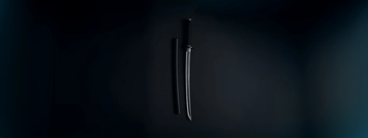 Hand-forged custom katana with clay-tempered blade and matching saya on a dark background