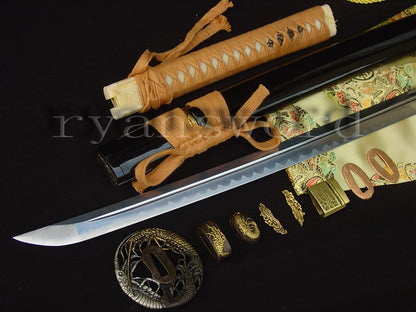 Katana 1095 High Carbon Steel silver plated tsuba full tang sharp shiny black saya