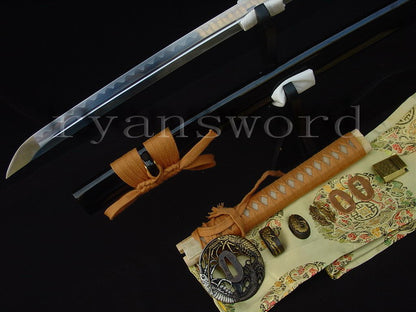 Katana 1095 High Carbon Steel silver plated tsuba full tang sharp shiny black saya