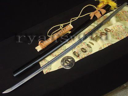 Katana 1095 High Carbon Steel silver plated tsuba full tang sharp shiny black saya