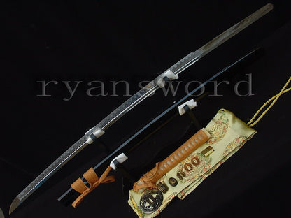 Katana 1095 High Carbon Steel silver plated tsuba full tang sharp shiny black saya