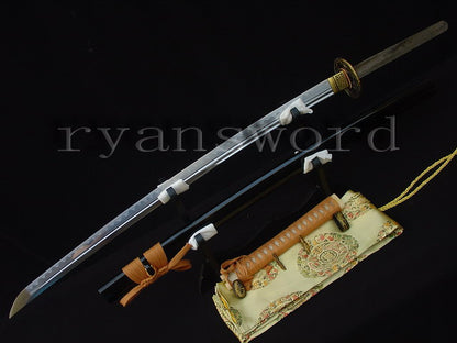 Katana 1095 High Carbon Steel silver plated tsuba full tang sharp shiny black saya