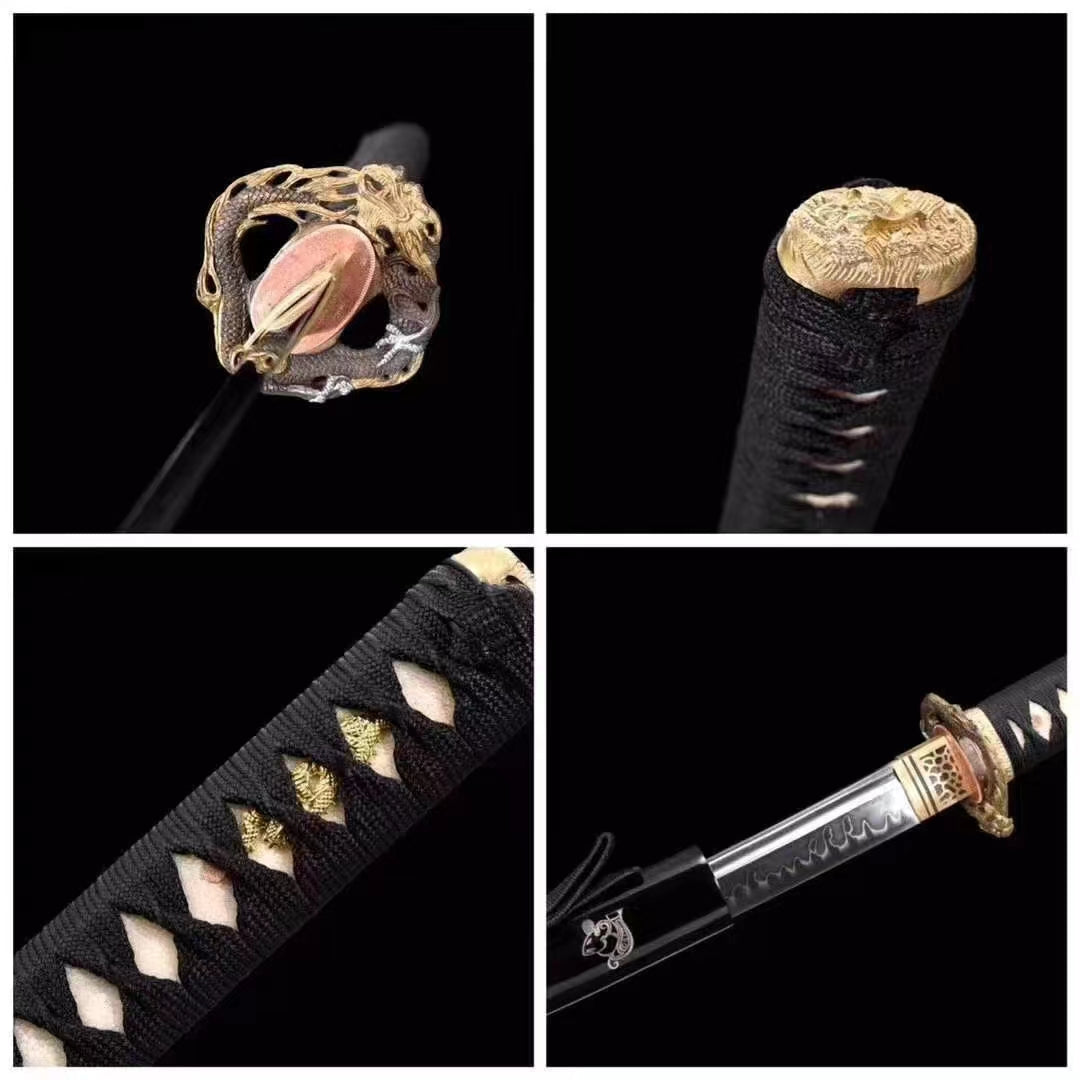 A composite image showing the detailed brass Dragon (Ryūjin) theme fittings, including the tsuba and kashira.