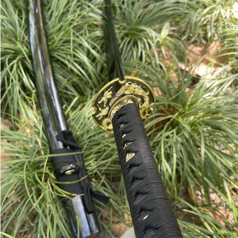 Through-Hardened Blackened Folded 1095 Steel Katana with Golden