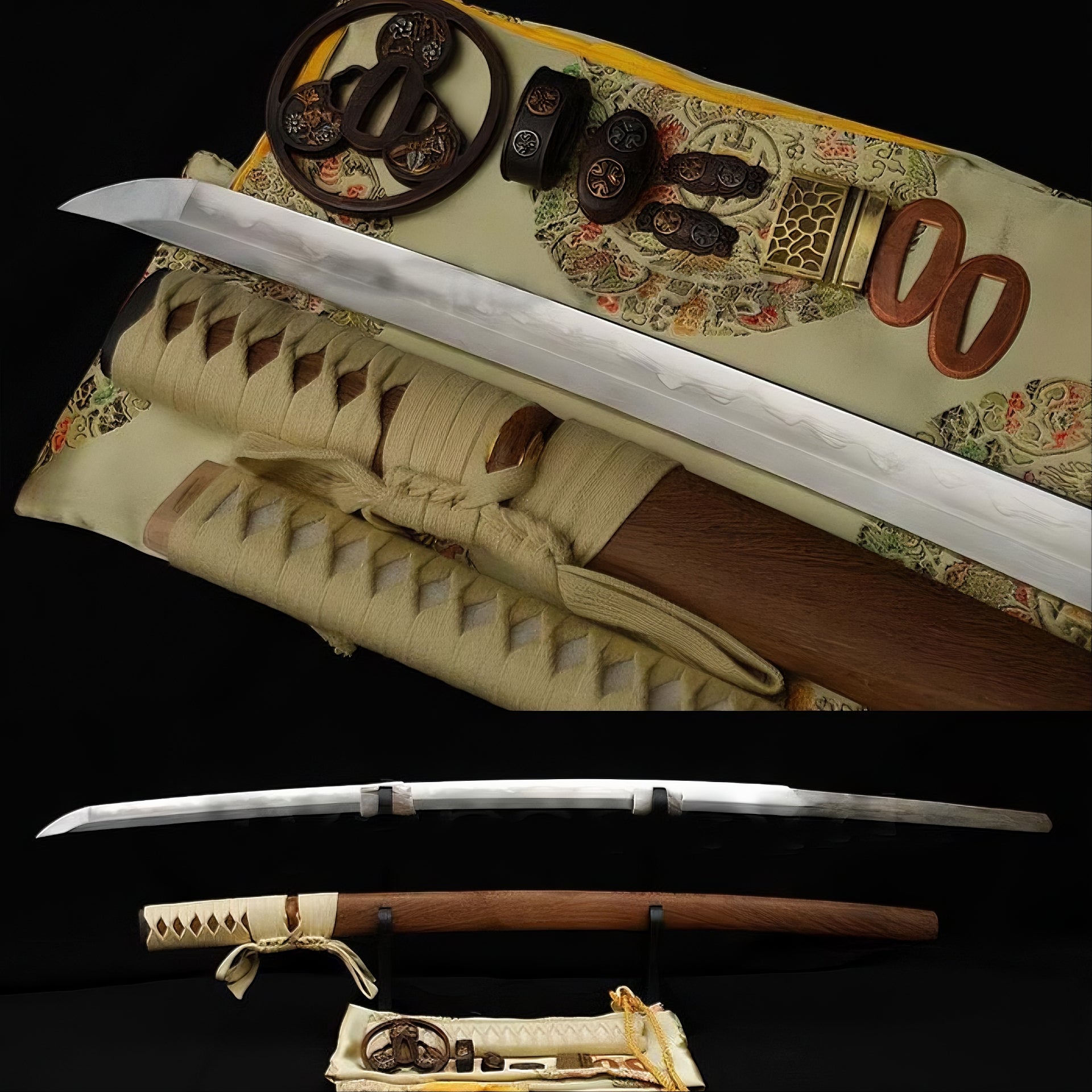 A flat-lay of the Gilded Tomoe Katana, showing the folded 1095 steel blade, rosewood saya, and the full set of gilded "Mitsudomoe" theme fittings.