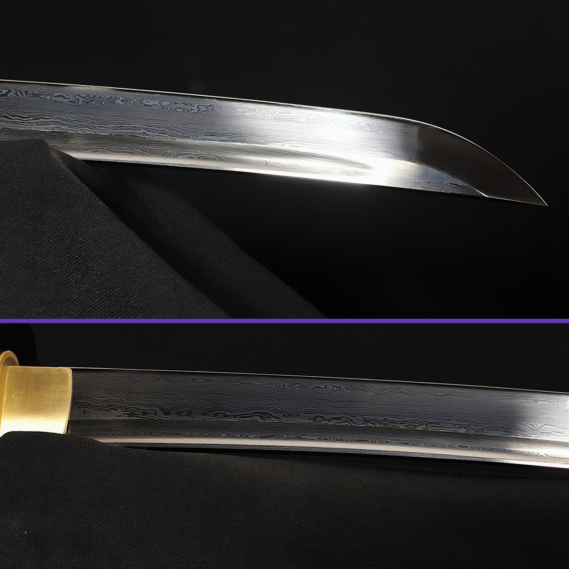 A composite close-up of the blade, showcasing the 8192-layer folded steel pattern (hada) and the sharp kissaki tip.