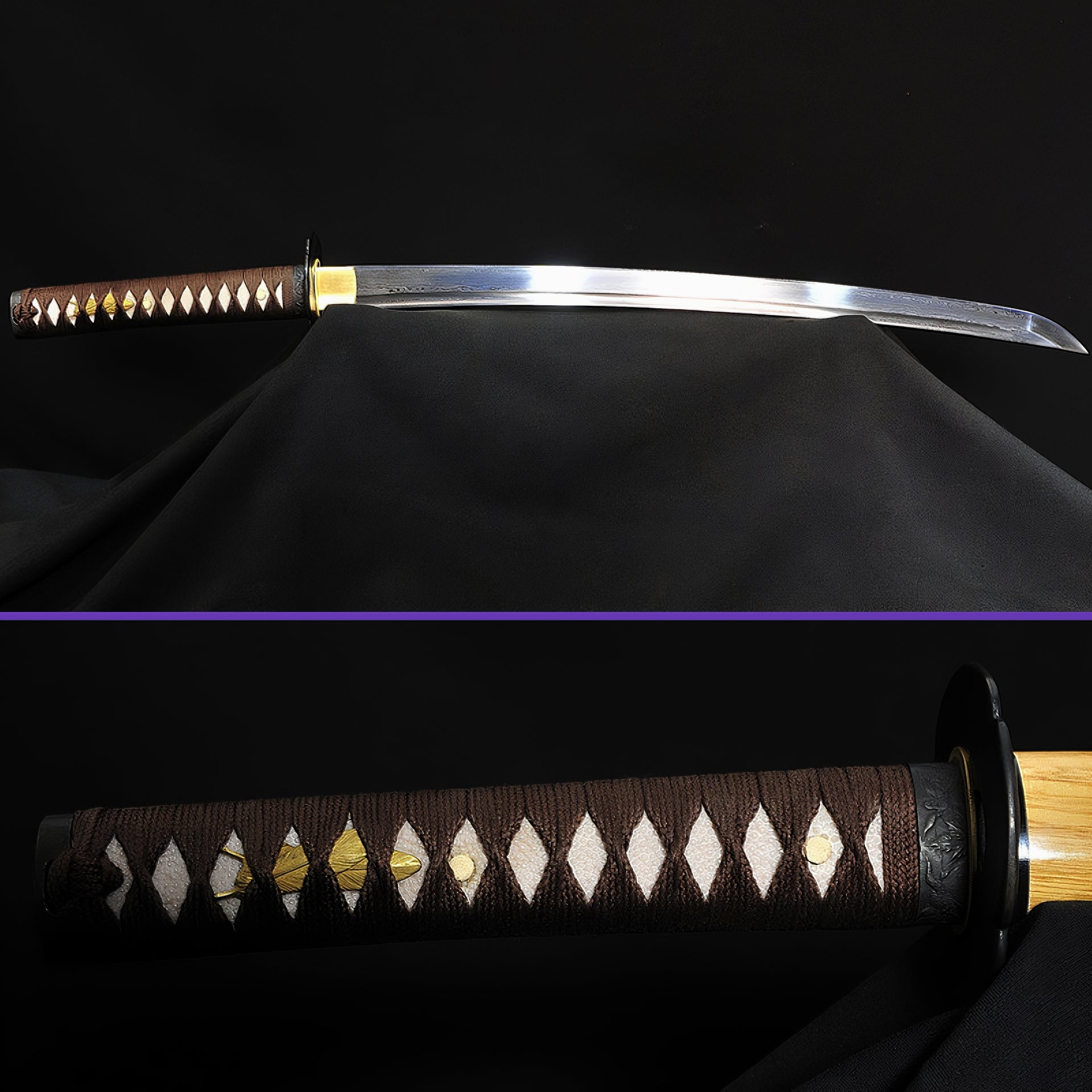 The unsheathed Whispering Reed Wakizashi showing the folded steel blade, paired with a detailed view of the brown ito-wrapped handle.
