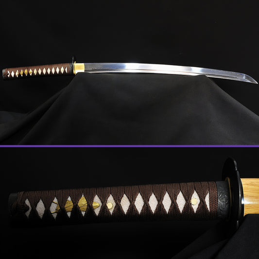 The unsheathed Whispering Reed Wakizashi showing the folded steel blade, paired with a detailed view of the brown ito-wrapped handle.