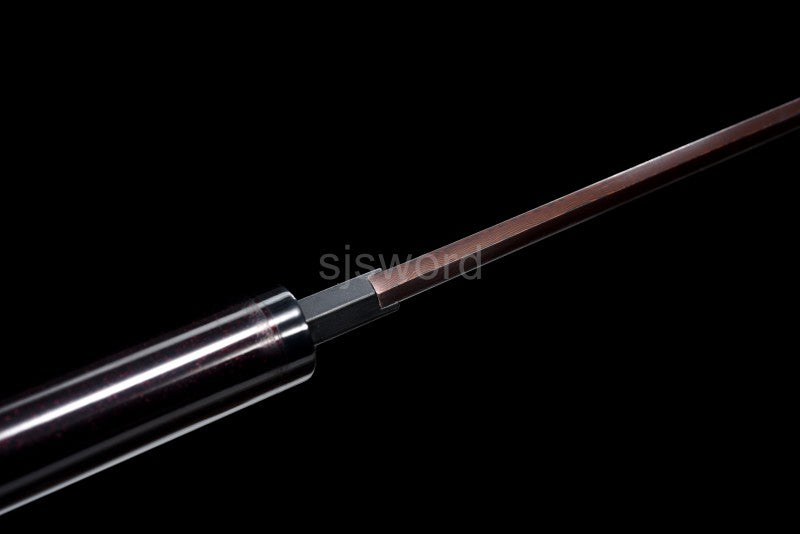 A full view of the tsuka handle of the Aurora Steel Red Shirasaya.