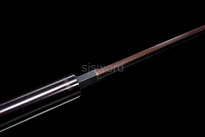 A full view of the tsuka handle of the Aurora Steel Red Shirasaya.