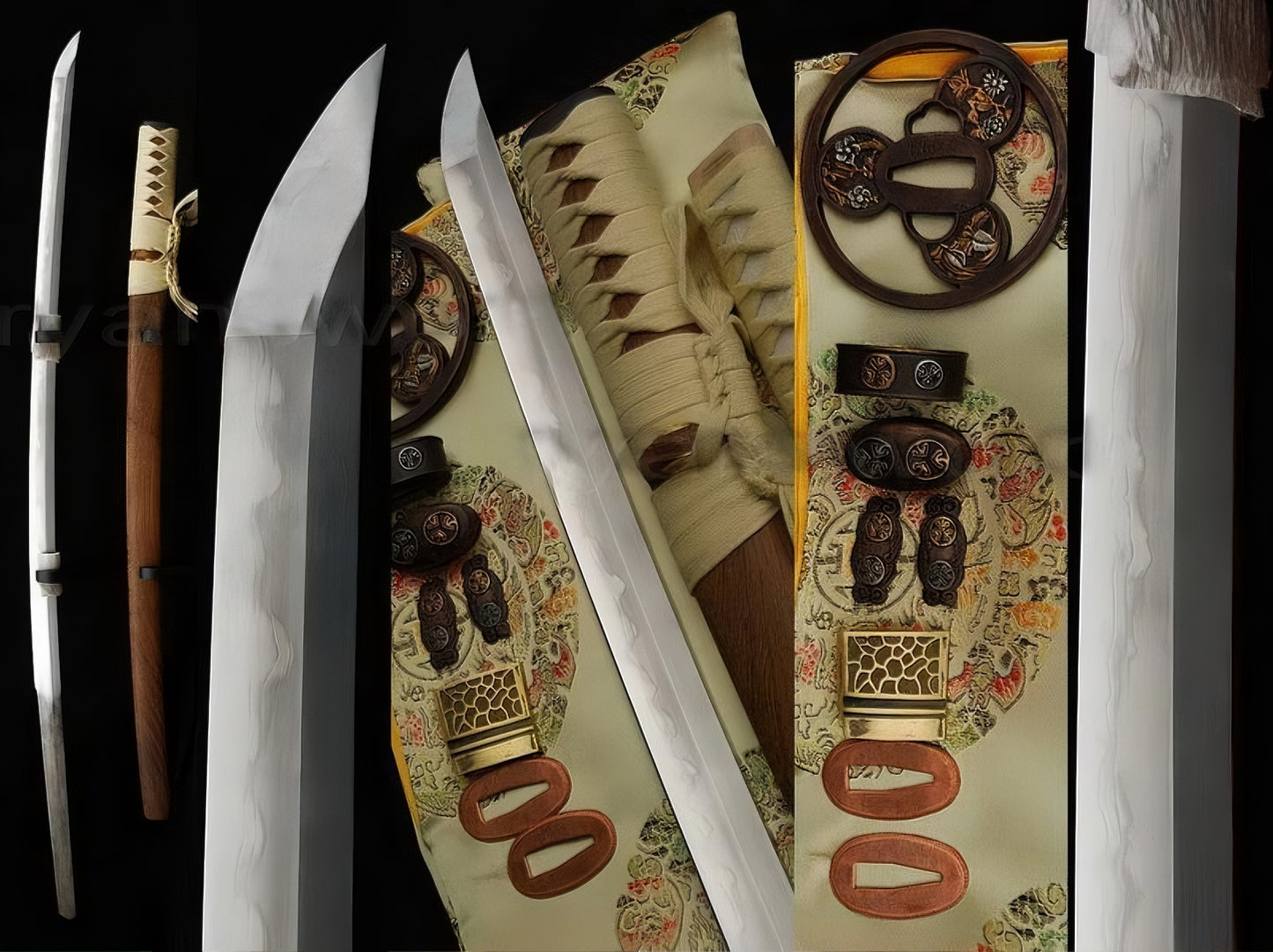 A composite image of the Gilded Tomoe Katana, detailing the folded steel blade, natural rosewood saya, and the antique copper gilded "Mitsudomoe" fittings.