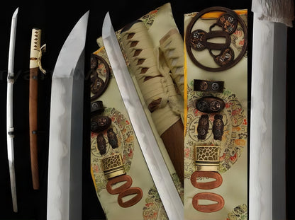 A composite image of the Gilded Tomoe Katana, detailing the folded steel blade, natural rosewood saya, and the antique copper gilded "Mitsudomoe" fittings.