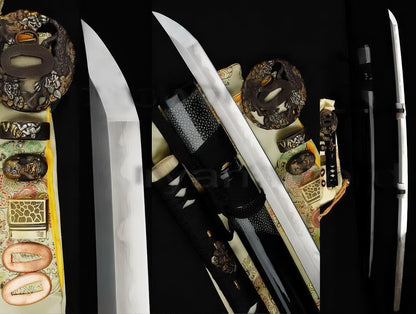 A composite image of the Sennin's Guardian Katana, detailing the T10 blade, partial rayskin saya, and the antique gilded "Shishi" (Lion) fittings.