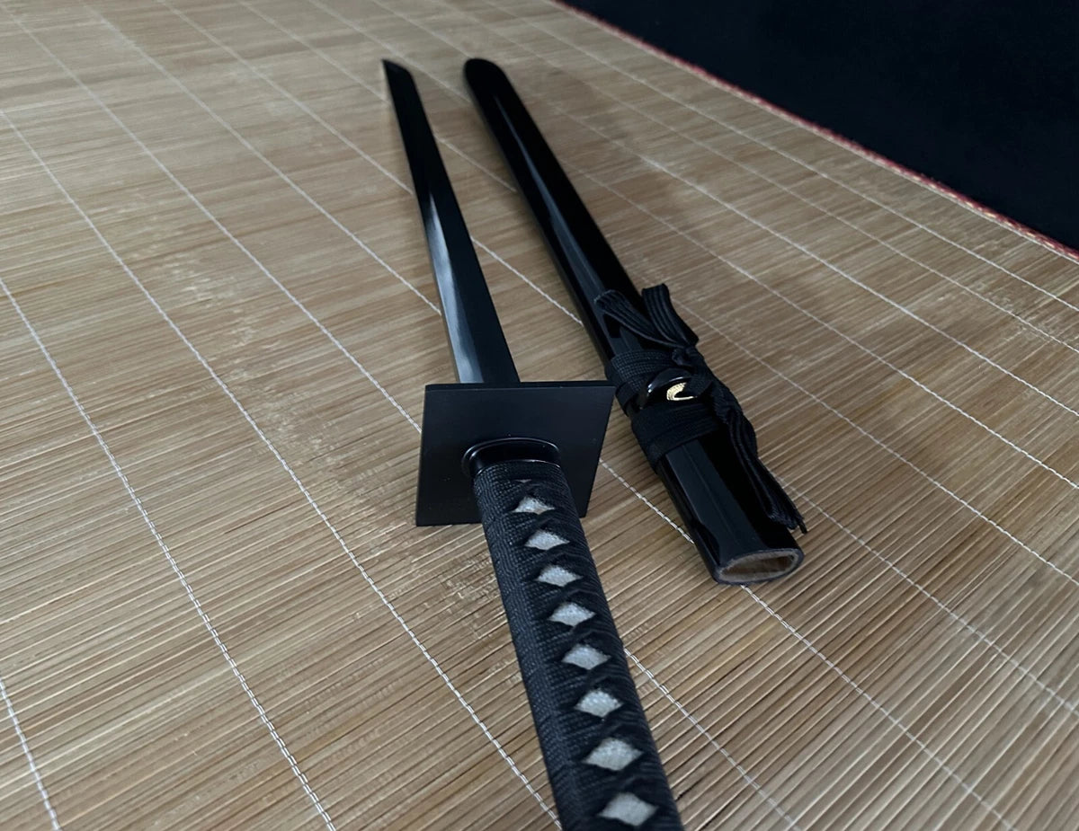 The complete Obsidian Gale Ninja Sword, fully sheathed in its hardwood saya with a gloss-black lacquer finish.