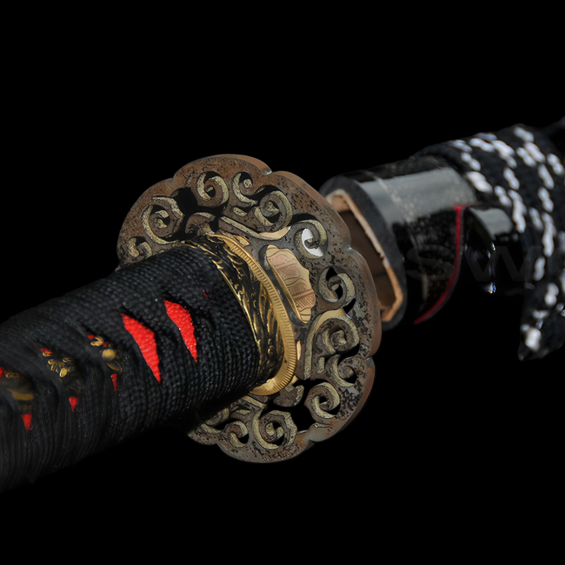 A detailed close-up of the "Great Wave" theme brass tsuba and the striking red genuine rayskin handle.