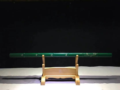 A full-length view of the sheathed Green Phantom Bamboo Blade, highlighting its seamless green bamboo disguise.