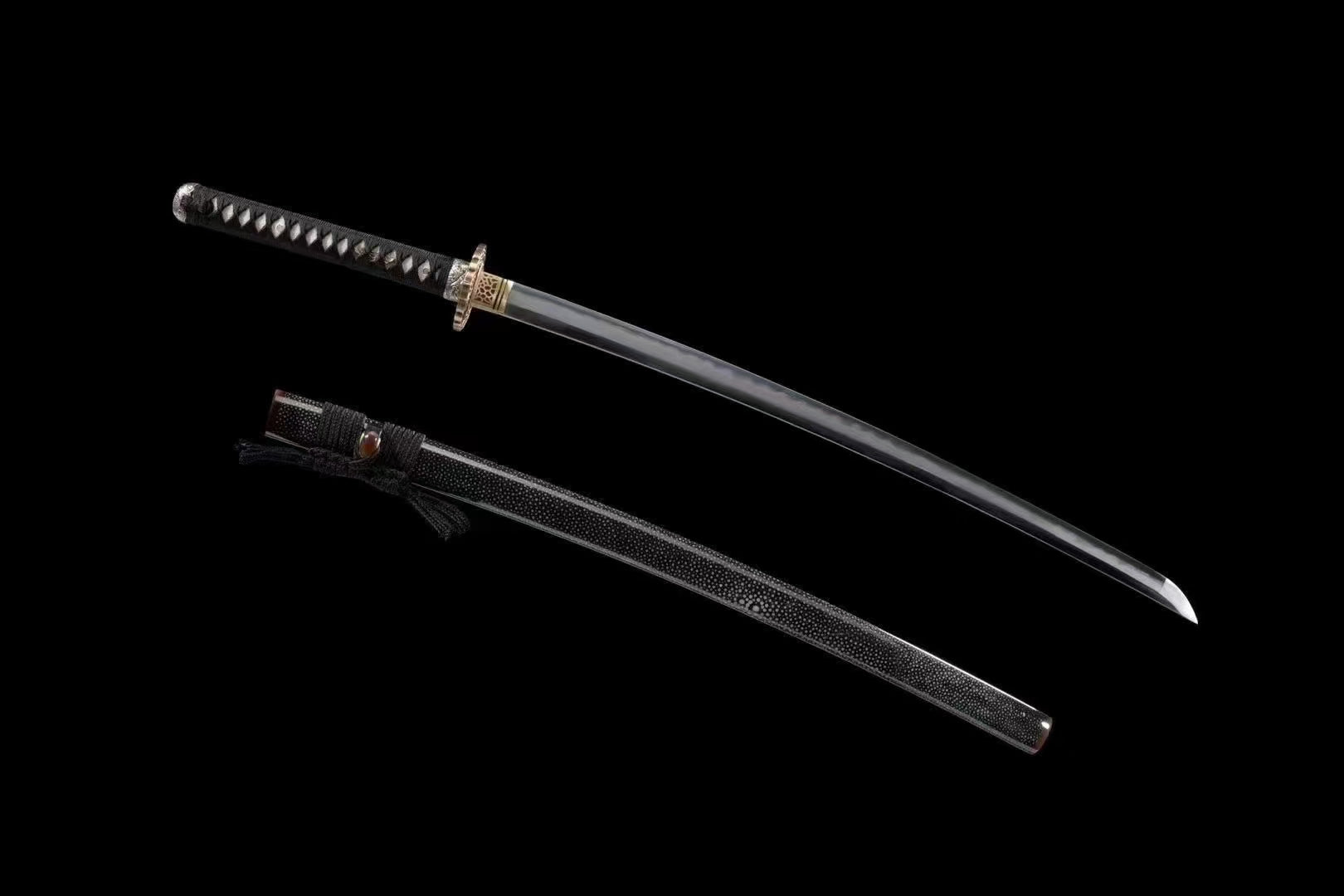 A full view of the unsheathed Great Wave Katana, showcasing its Hadori-polished, folded 1095 steel blade.