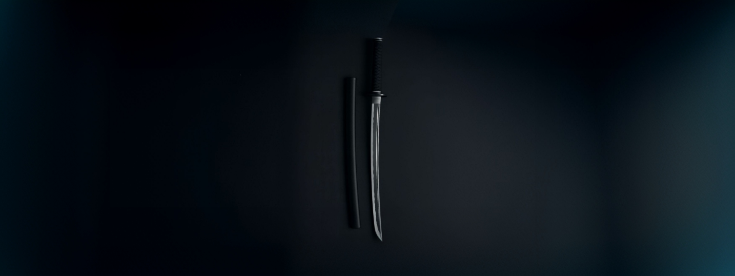 Hand-forged Japanese Katana sword and sheath on dark background - sjsword