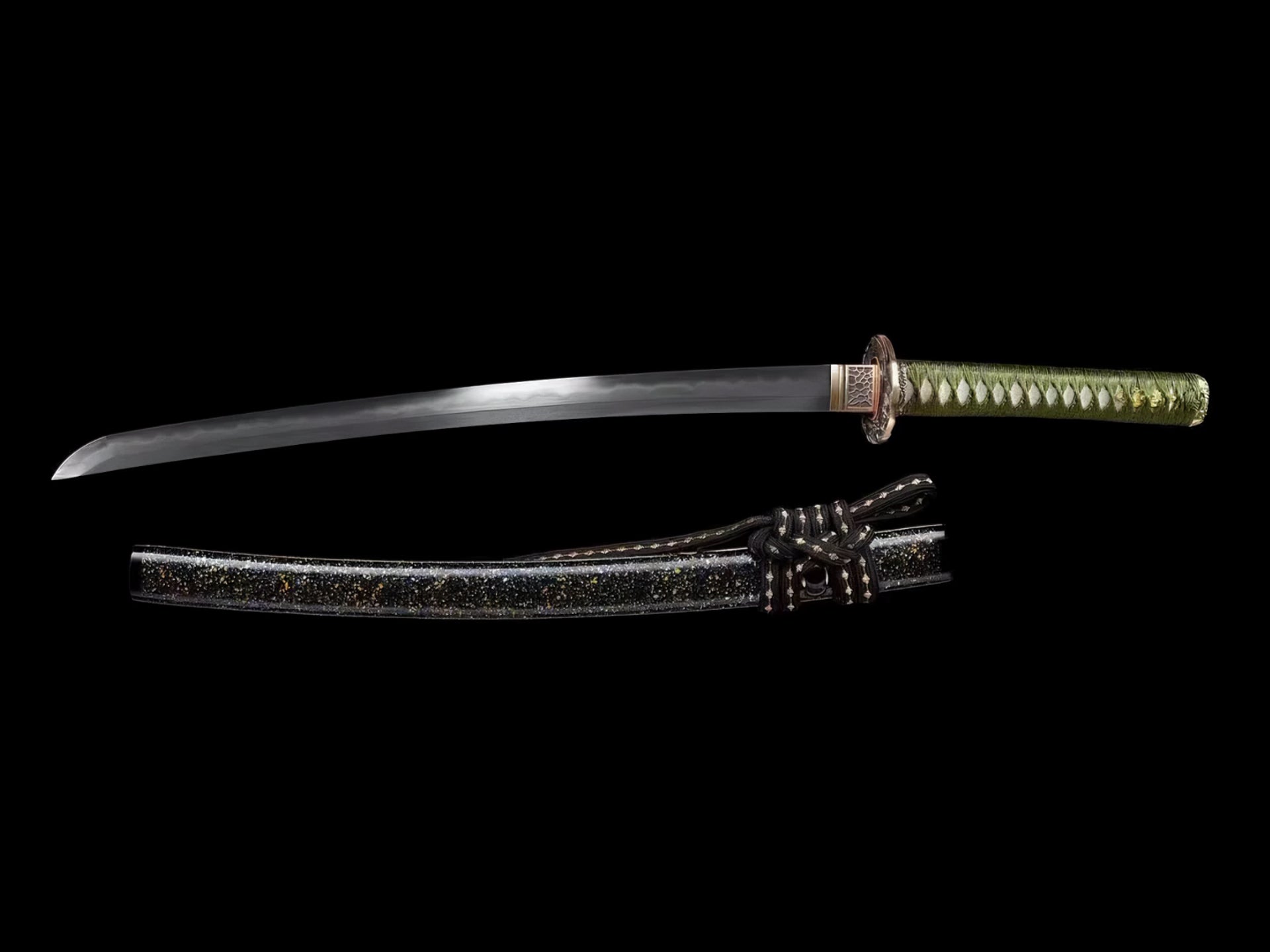 A composite view of the Celestial Eagle Katana, showing both the sheathed sword and the Honsanmai folded steel blade.
