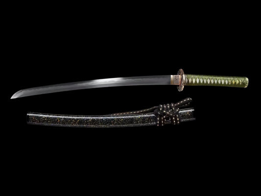 A composite view of the Celestial Eagle Katana, showing both the sheathed sword and the Honsanmai folded steel blade.