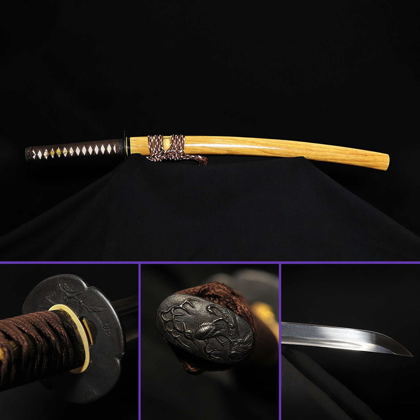 The Whispering Reed Wakizashi, sheathed in its light wood grain saya, with details of the iron Birds & Reeds theme fittings.