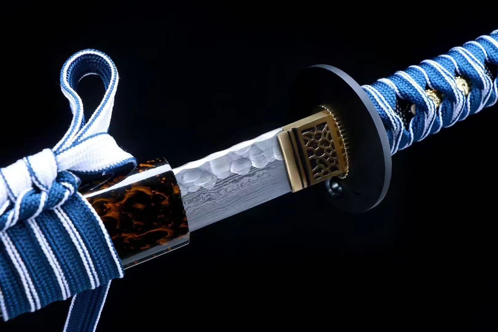 A close-up of the Azure Dragon Katana's handle and the upper part of the saya, showing the fitting details.