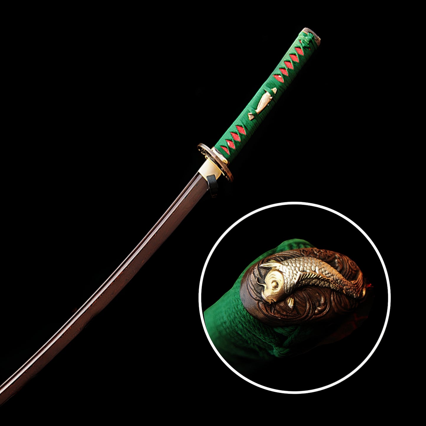 The unsheathed Nishikigoi Katana, with a detailed inset image showcasing the "Nishikigoi" (Koi) theme copper kashira (pommel).