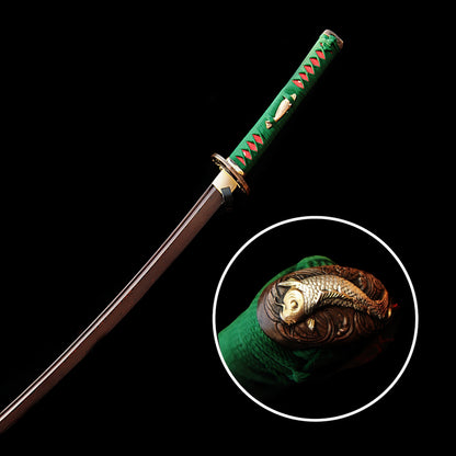 The unsheathed Nishikigoi Katana, with a detailed inset image showcasing the "Nishikigoi" (Koi) theme copper kashira (pommel).